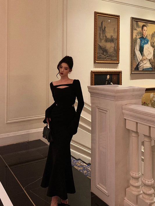 Black long-sleeved mermaid dress new style long dress S5599