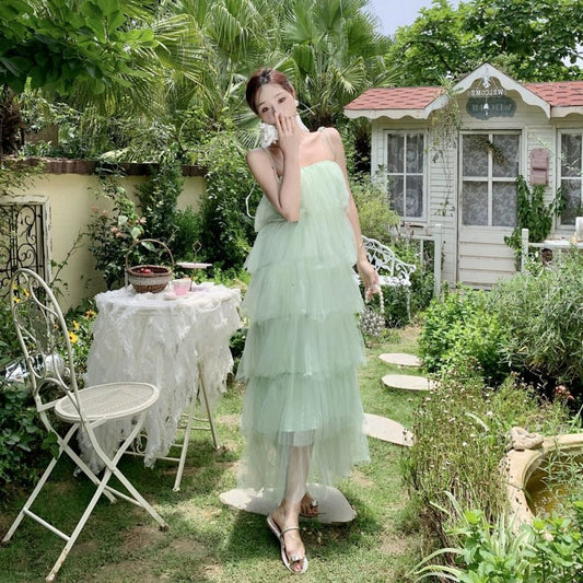 Green tulle dress for women summer new Multi-layer long dress S5863