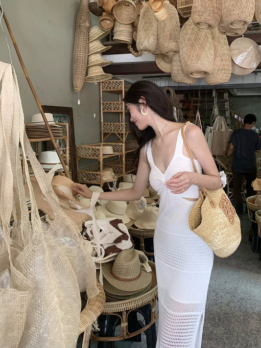 White French v-neck knitted slit suspender women's summer dress S5729