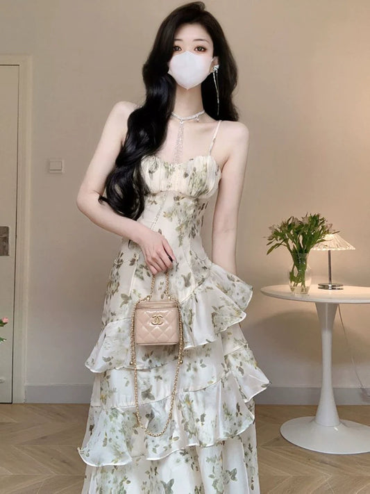 Ruffled floral suspender dress for women summer new long party dress S5811