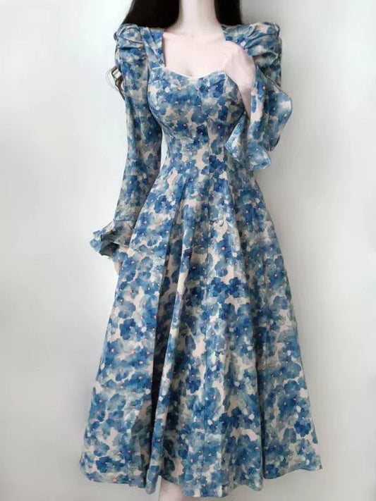 Retro floral long-sleeved dress for women new style party dress S5875