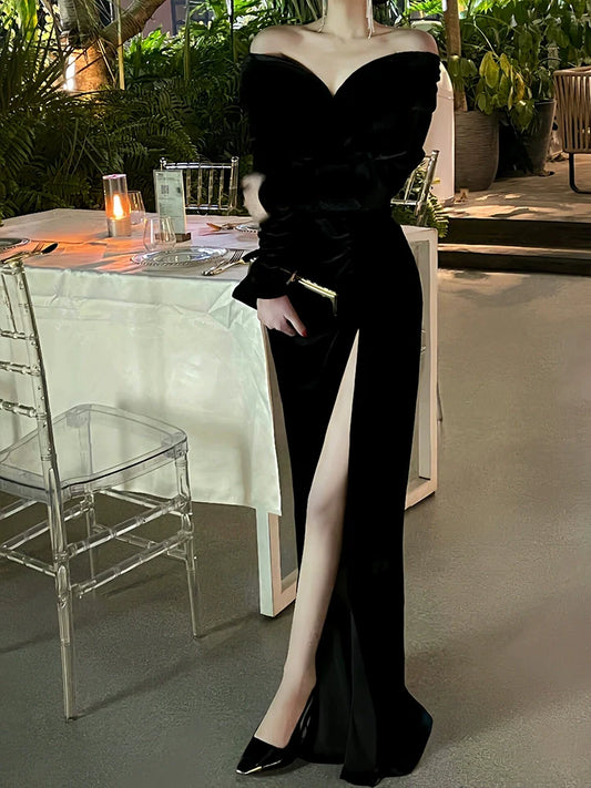 Black evening gown luxury off-shoulder velvet dress S5819