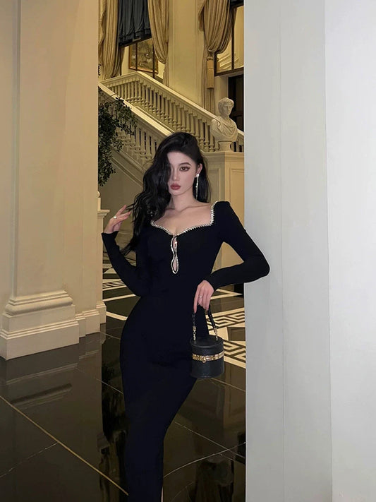 Black dress new banquet square neck party dress S5674