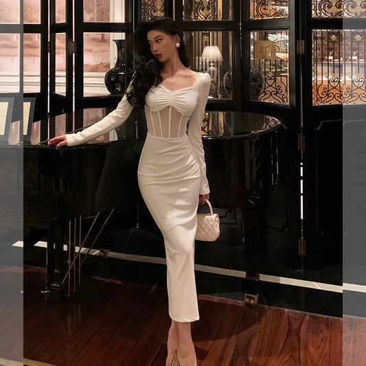 White sexy long-sleeved dress party dress S5688