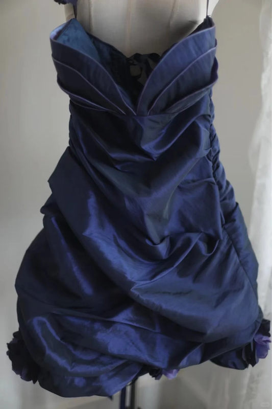 Navy blue tube top waist A-line puffy design skirt short homecoming dress R4152
