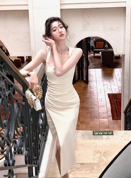 Women Elegant Sleeveless Bodycon Dress Sexy Spaghetti Strap Midi Dress Evening Party Wear S5407