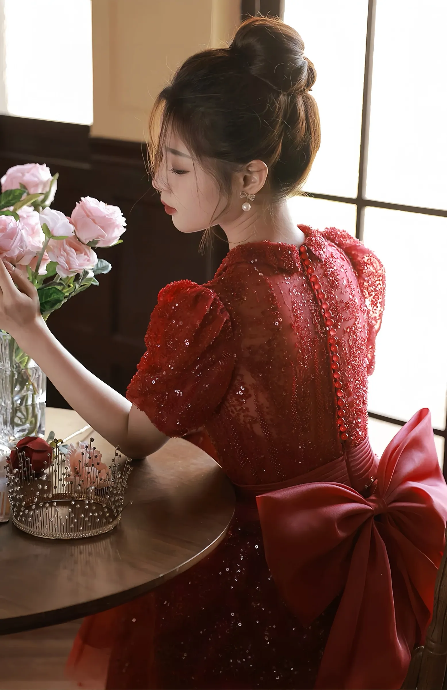 Sparkling Burgundy Evening Dress Puff Sleeve Princess Dresses S5433