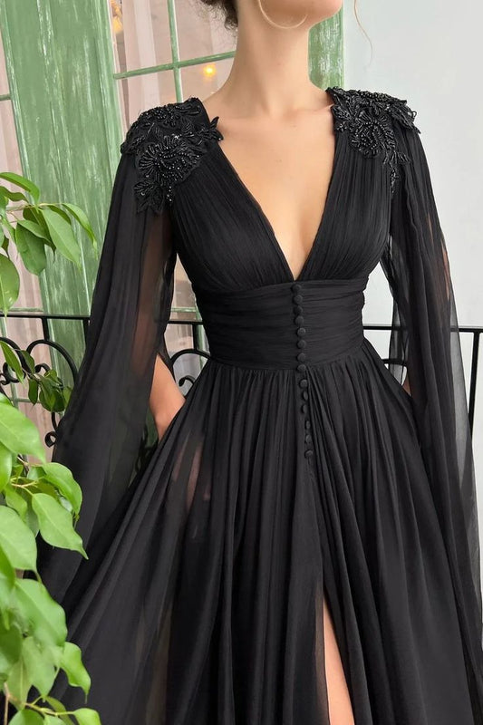 Elegant Black Deep V Neck Tulle Maxi Cocktail Evening Party Dress Front Slit Ruffle Sleeves S4956