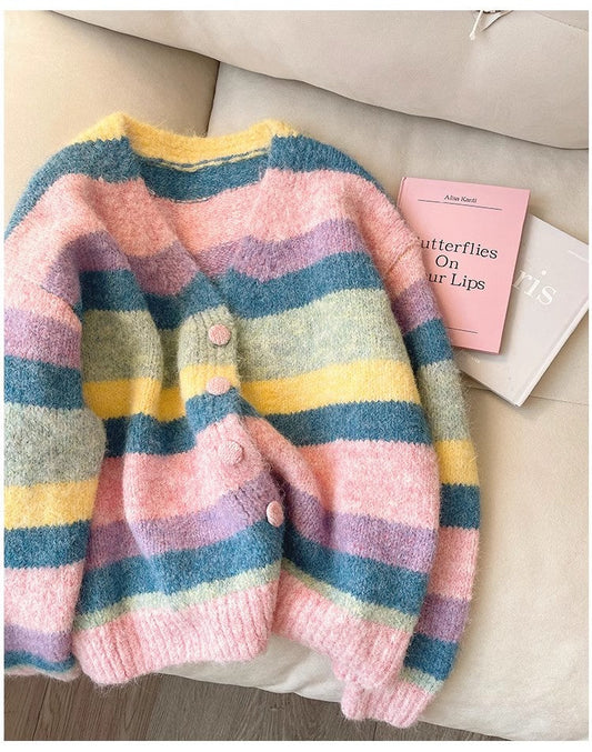 Candy color V-neck rainbow sweater jacket for women knitted cardigan S4907