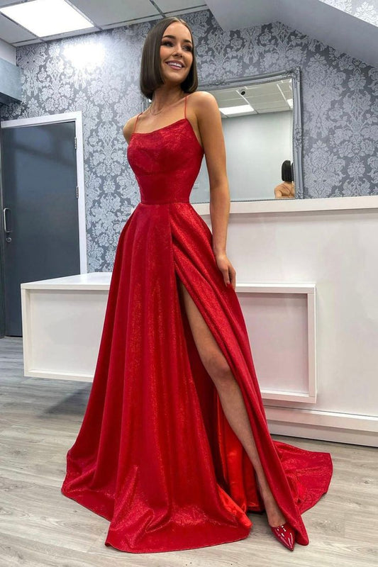 Satin Long A-Line Prom Dress, Backless Evening Dress with Slit S4985