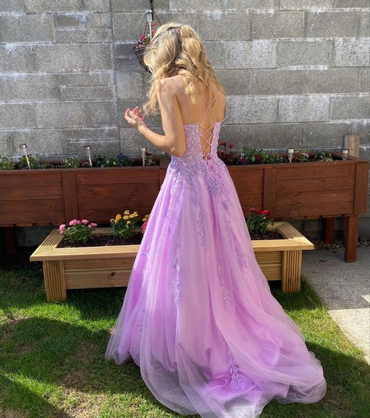 Purple prom dress tulle prom gown with lace appliqué S5209