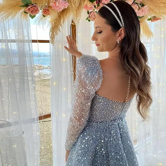 Shiny Sequin Ankle Length Prom Gowns Long Sleeve A Line Short Evening Party Dress for Women S5001