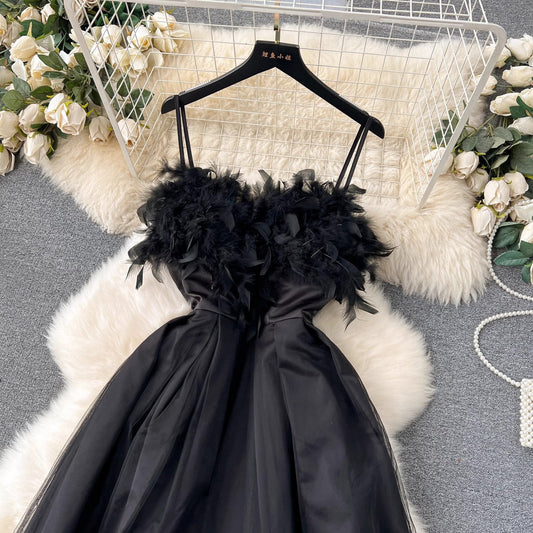 black dress for women feather puffy suspender dress S4586