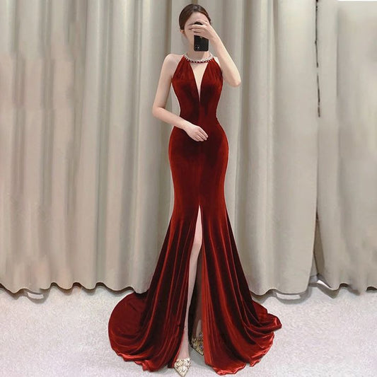 Deep V Neck Mermaid Velvet Long Evening Dress Backless Tassel Party Gown with Slit S4981