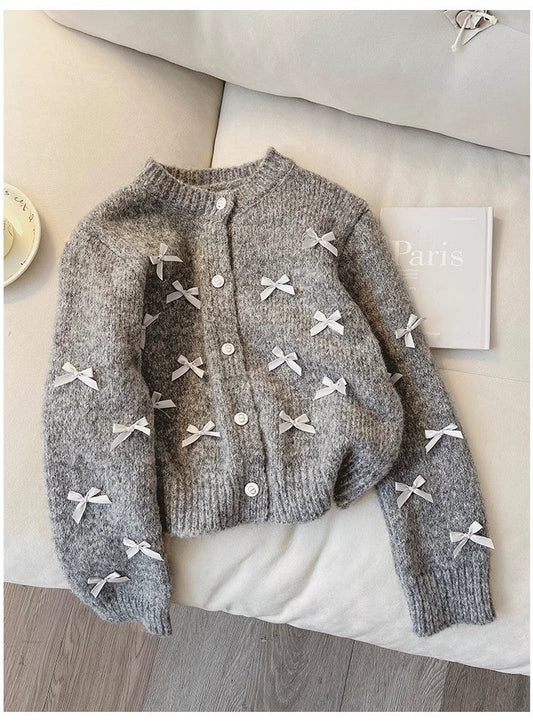 Design bow sweater coat women's long-sleeved knitted cardigan trendy S4857