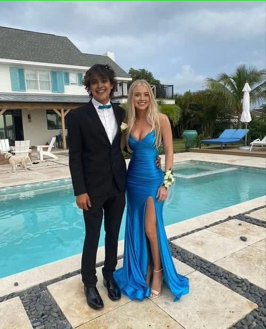 Elegant Blue V Neck Prom Dress With Split,Blue Formal Dress S5230