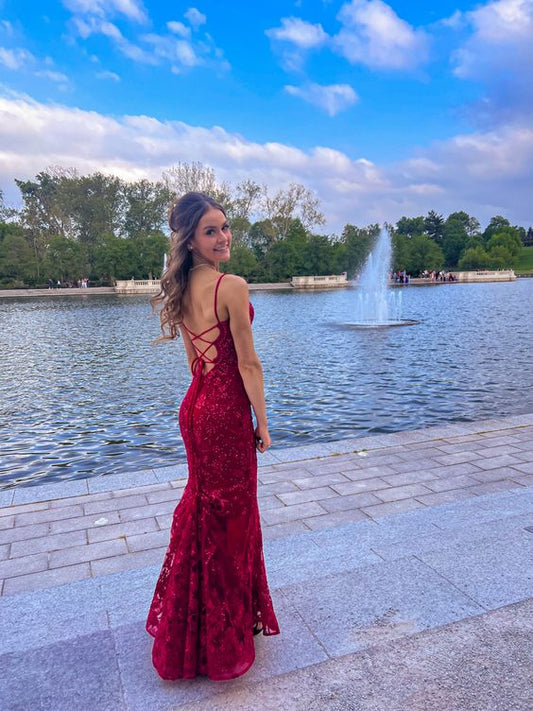 Burgundy Mermaid Lace Sequins Prom Dress S5059