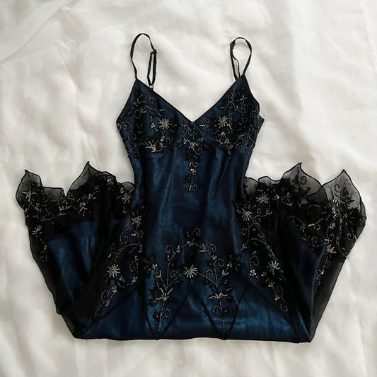 Gorgeous Spaghetti Straps Mermaid Navy Blue Beads Beaded Long Prom Dress S5242