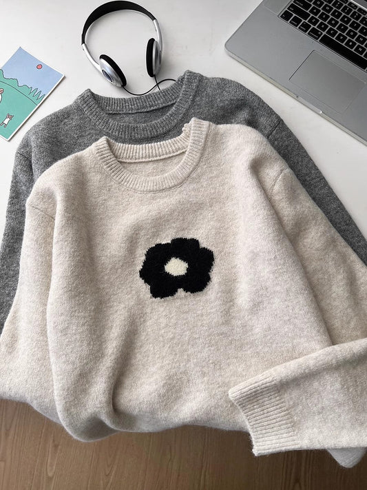 embroidery soft sweater round neck long-sleeved top S4689