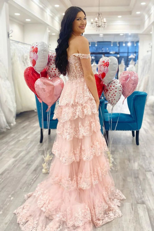 Pink A-Line Off The Shoulder Tiered Prom Dress S5161