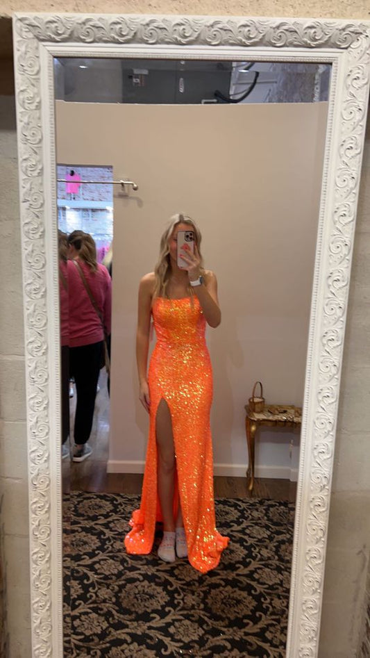 Orange dress Mermaid Prom Dresses With Side Slit S5218