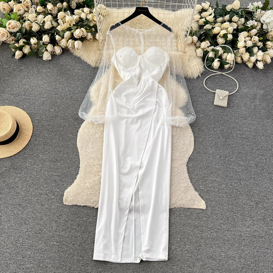 beaded puff sleeves luxury dress skirt S4584