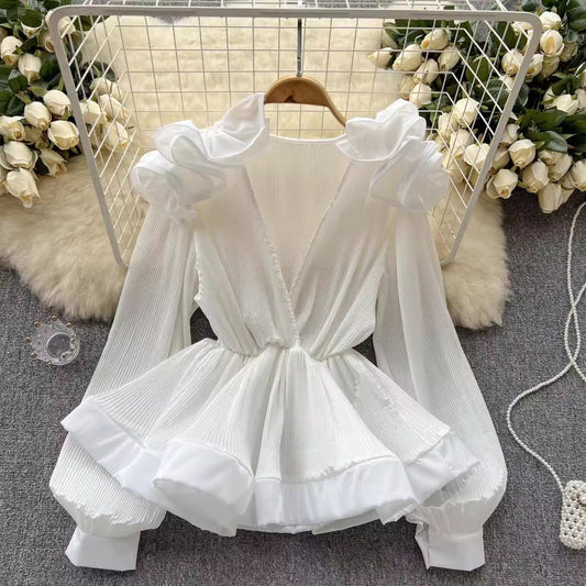 fashion new design ruffle pleated V-neck pullover shirt for women S4612