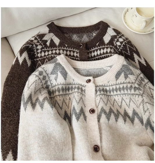Designed round neck sweater jacket for women jacquard long-sleeved cardigan top trendy S4888