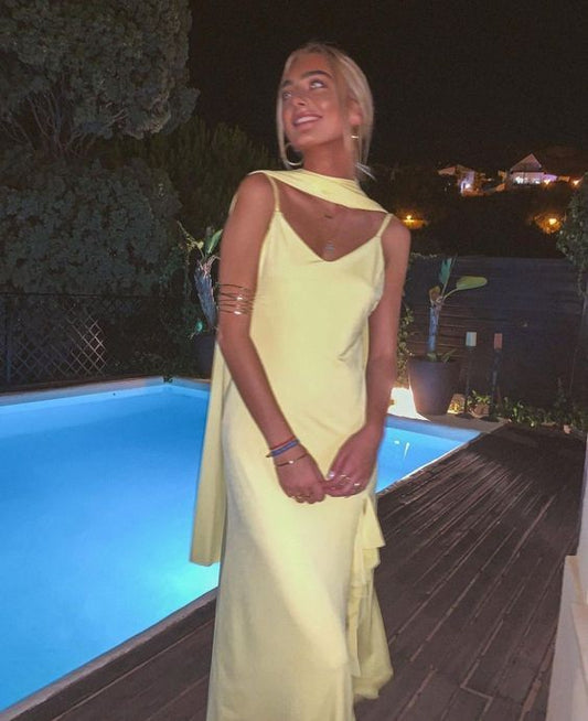 Sexy A line Straps Chiffon Yellow Long Prom Dresses S5315