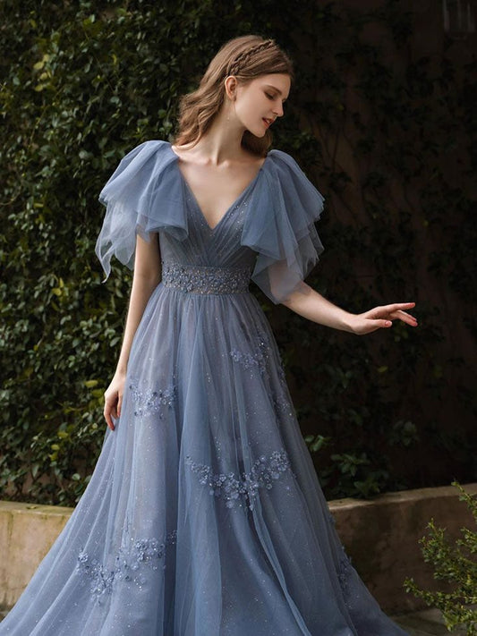 Gray Blue V Neck Tulle Sequin Long Prom Dress, Blue Formal Graduation Dresses S4955
