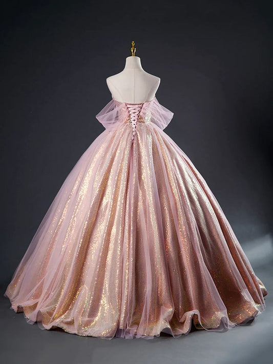 Pink Tulle Sequins Long Prom Dress Pink Tulle Long Formal Evening Gowns