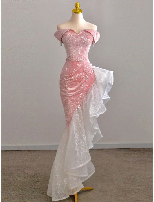 Trumpet Prom Dresses Party Dress Evening Party Floor Length Sleeveless Off Shoulder Tulle with Pearls SequinEvening Gown S4922