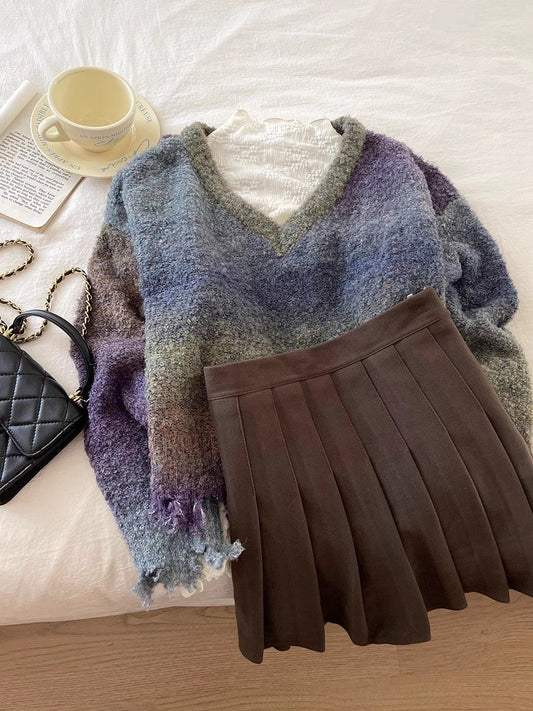 Designed gradient sweater V-neck long-sleeved knitted top S4775