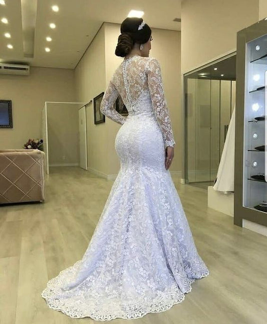 Gorgeous Lace Mermaid Wedding Dresses Bridal Gown with Long Sleeves Jewel Neck S5126