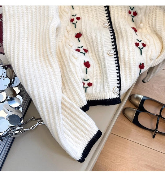 embroidered round neck knitted cardigan for women long-sleeved sweater jacket S4828