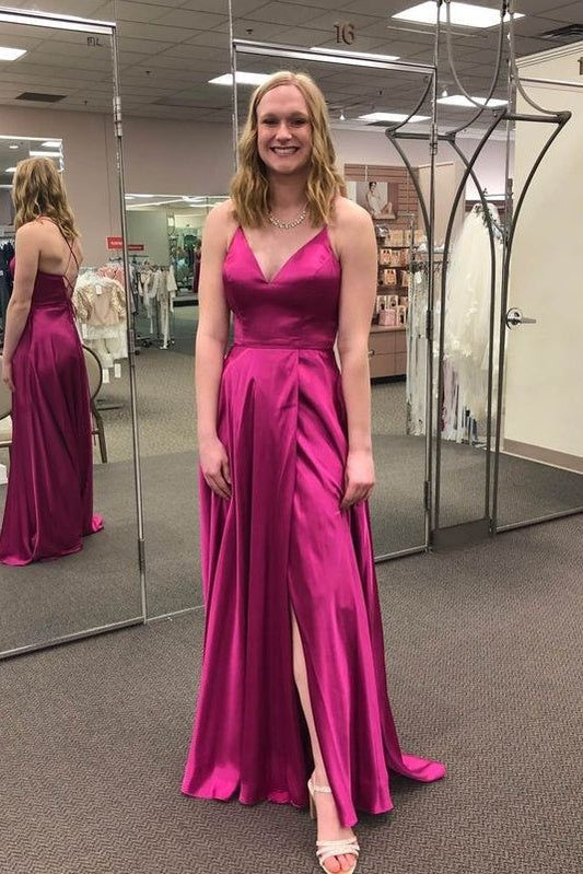 Simple Style V-neck Spaghetti Straps Backless Long Prom Dresses S5080
