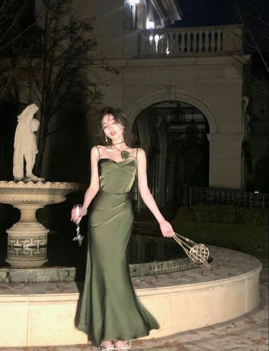 Mermaid Straps Satin Green Prom Dresses Formal Evening Dress S5244