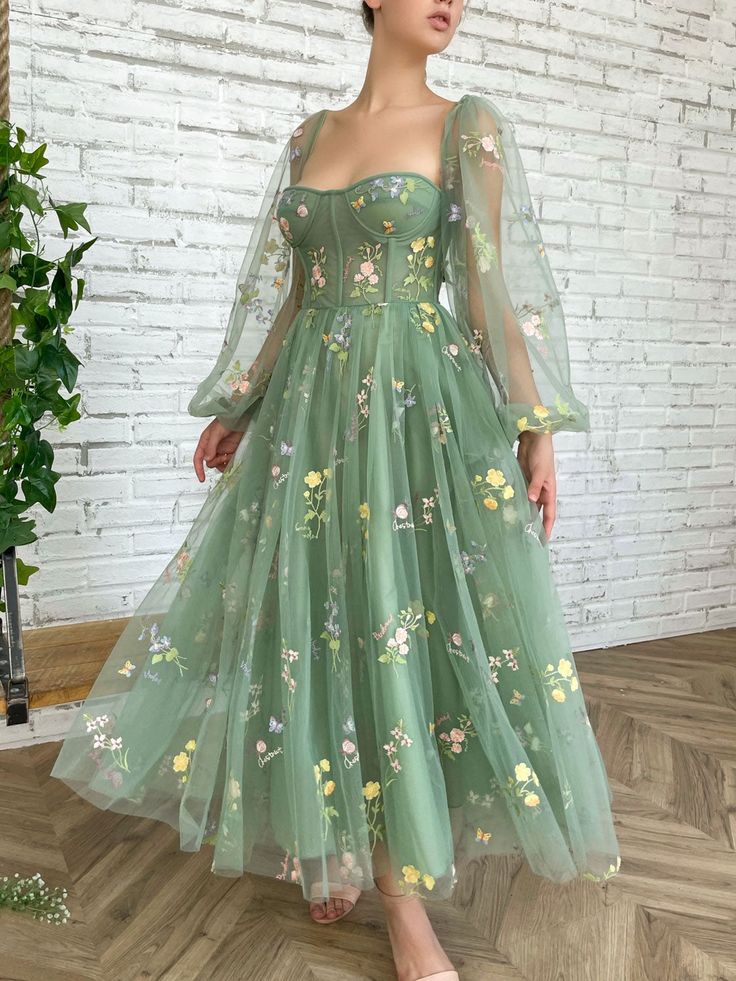 Elegant Long Sleeves Tulle Tea Length Puffy Prom Dress, Bridesmaid Dresses S4811