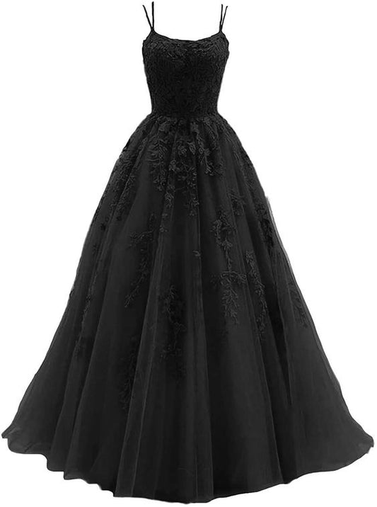 Spaghetti Strap Prom Dress Ball Gown Lace Appliques Wedding Tulle Homecoming Long Dress Princess Formal Evening Gowns S5182