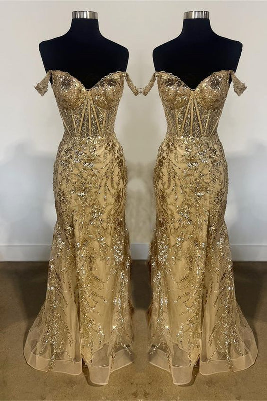 Off-Shoulder Sequined Floral Mermaid Long Prom Dress with Slit S5110