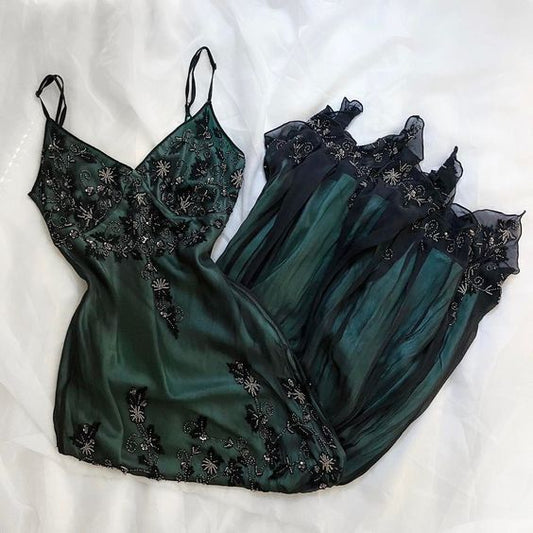 Sparkly A line Spaghetti Straps Dark Green Long Prom Dress S5241