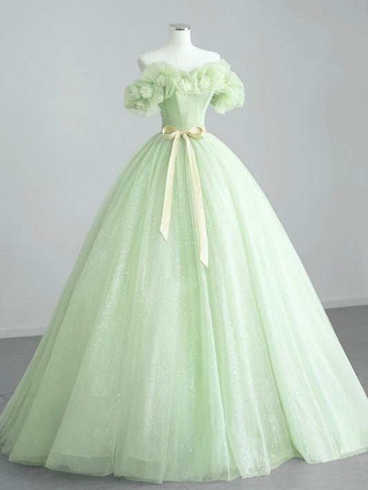 A-Line Off Shoulder Tulle Green Long Prom Dress, Green Sweet 16 Dress S5143