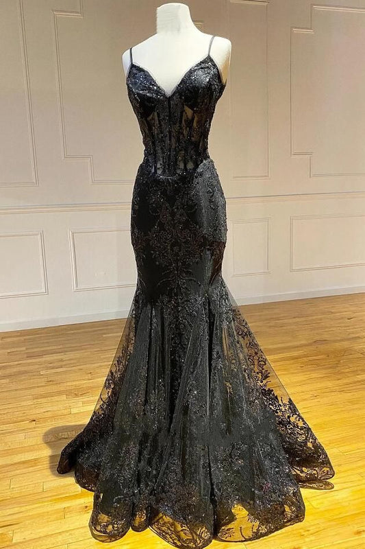 Straps Embroidery Tulle Long Prom Dress With Lace S5262