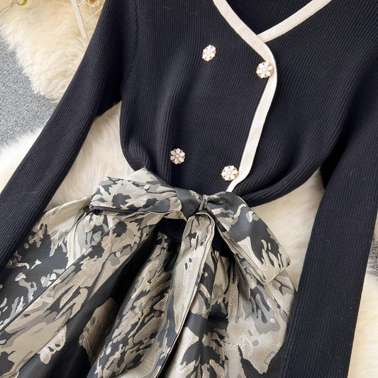 dress for women retro knitted splicing lojacquard ng skirt S4522