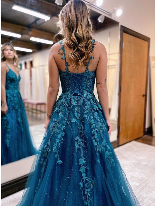 A-Line Prom Dresses Formal Floor Length Sleeveless V Neck Tulle Backless with Glitter Appliques S5202