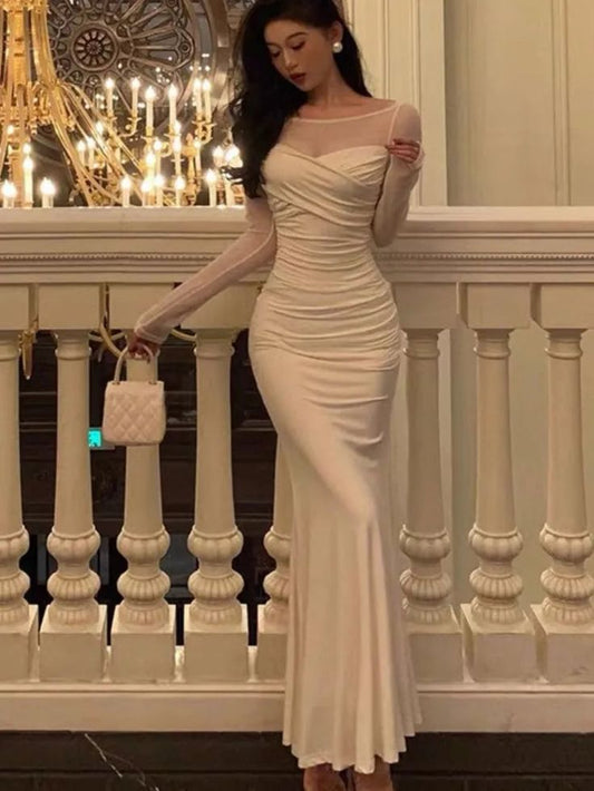 Mermaid Dress Women Patchwork Long Sleeves Vintage Solid Evening Party Gown