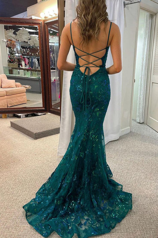 Dark Green Sequins Lace Mermaid Long Prom Dress S5167