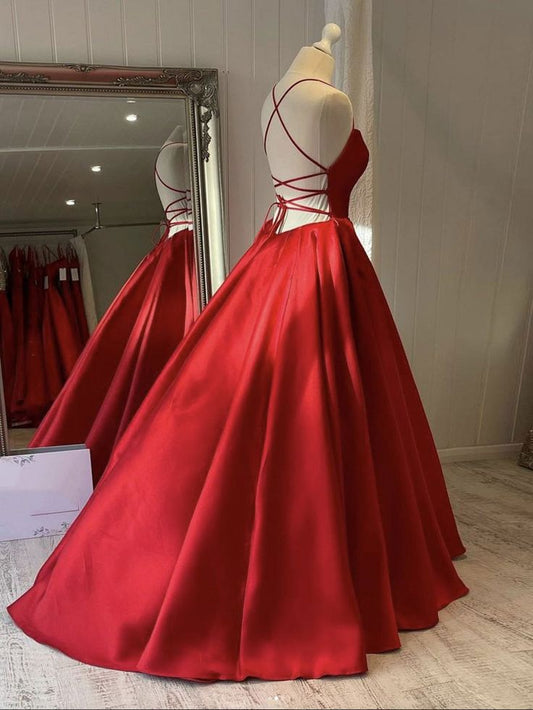 Simple Backless Red Satin Long Prom Dress Open Back Formal Dresses Red Evening Gown