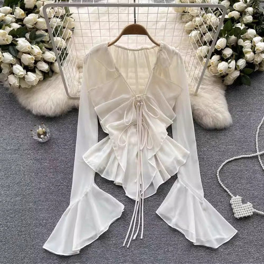 Designed irregular bell-sleeved chiffon shirt for women new style ruffled V-neck top trendy S4601