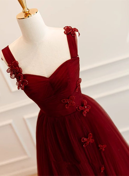 A-Line Tulle Sweetheart Straps Long Formal Dress, Wine Red Evening Dress Prom Dress S5177